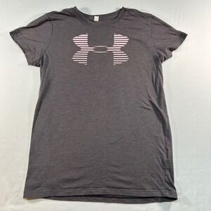 Under Armour HeatGear Charged Cotton T-Shirt Gray Pink Logo Womens Medium MD/M